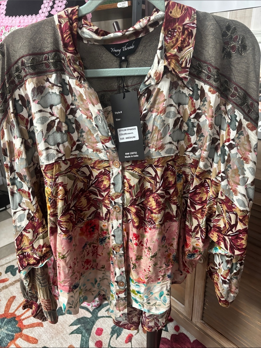 Young Threads Women's Floral Patchwork Button-Down Shirt - Multi